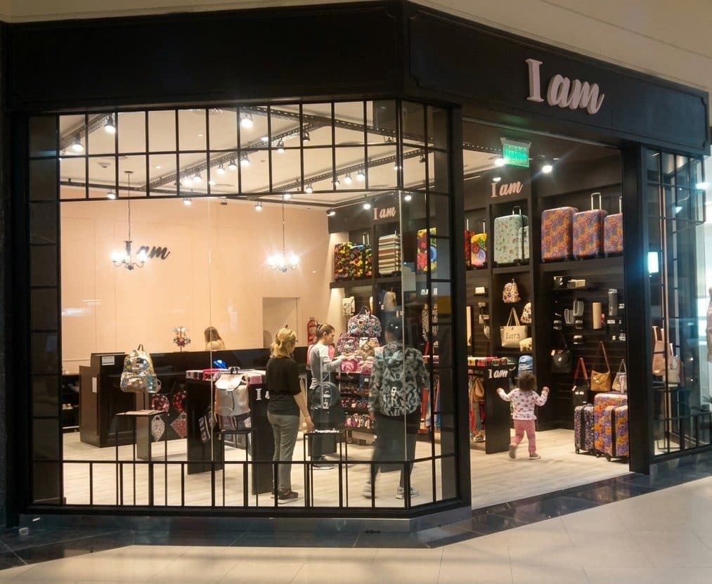 Frente iluminado del local I AM en el Shopping Portal Rosario
